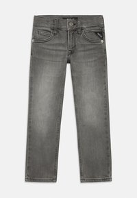 Grå denim jeans med en klassisk rett ben design, med front- og baklommer og en logotype-tag på høyre lomme.
