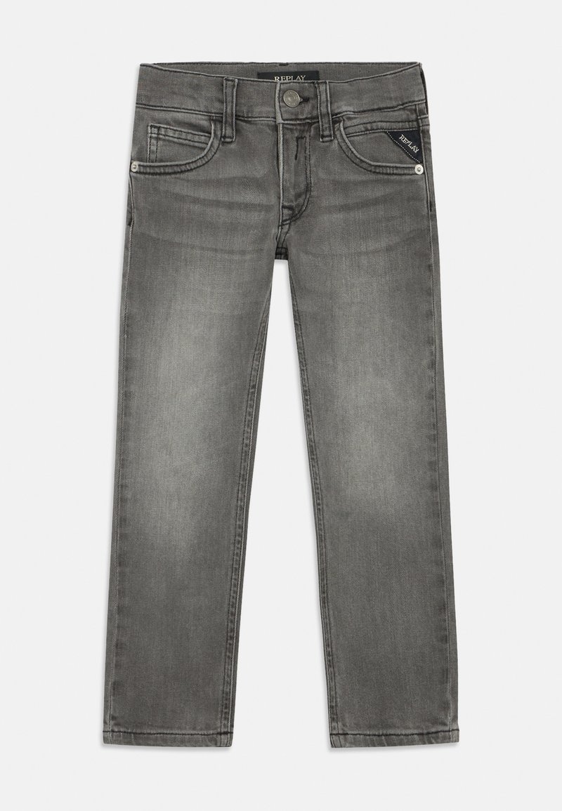 Grå denim jeans med en klassisk rett ben design, med front- og baklommer og en logotype-tag på høyre lomme.