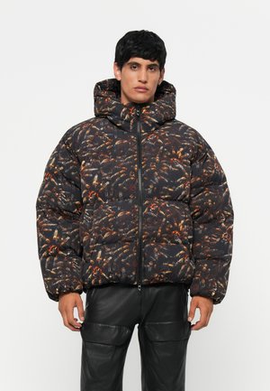 Puffer jacket in black with an abstract design of orange and silver shapes. Features a high collar and zip front. Textured, padded material.