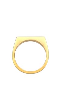 Goldene Metallring mit flachem Oberteil und gerundetem Band. Das Design zeichnet sich durch eine glatte, glänzende Oberfläche mit einer minimalistischen rechteckigen Form aus.