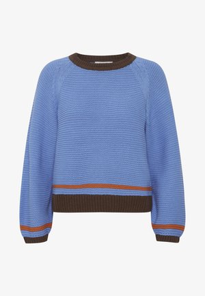 Niebieski sweter z dzianiny oteksturalnym wykończeniu, z brązowymi prążkowanymi mankietami i dołem oraz pomarańczowym paskiem u dołu. Okrągły dekolt.