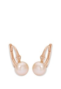 Orecchini con perle impreziositi da dettagli in oro rosa. Perle rotonde, lisce e con una finitura lucida. Chiusura decorativa a morsetto con piccole decorazioni trasparenti.
