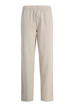 Pantaloni bej cu talie elastică, cu croială dreaptă, cusături vizibile și fără alte ornamente sau buzunare.