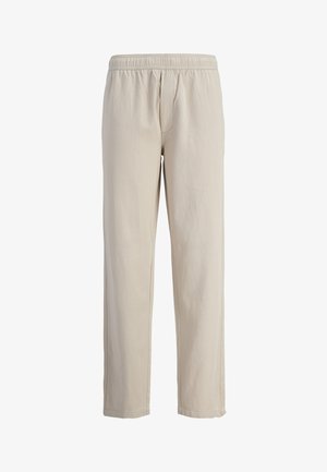 Pantaloni bej cu talie elastică, cu croială dreaptă, cusături vizibile și fără alte ornamente sau buzunare.