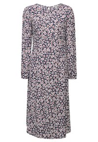 Robe midi bleu marine à manches longues avec motif floral blanc et rouge et encolure arrondie avec une petite fermeture à bouton au dos.