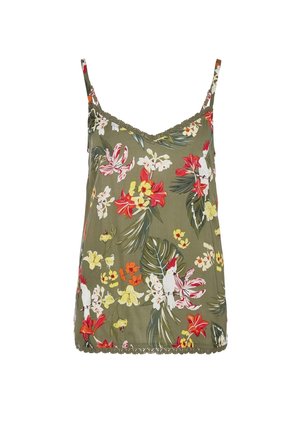 Olijfgroene hemdtop met dunne bandjes, bloemen- en tropische bladprint in rood, geel, wit en groen, met kanten afwerking bij de halslijn en zoom.
