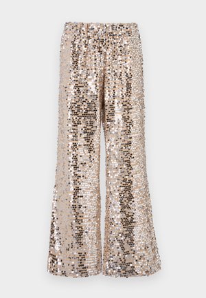 Sequined wide-leg trousers in shades of gold and silver with an elastic waistband. Features a shimmering texture and loose fit.