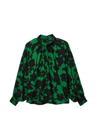 Blouse verte avec motif floral noir, décolleté froncé, manches longues avec poignet, et coupe décontractée. Tissu doux et léger.