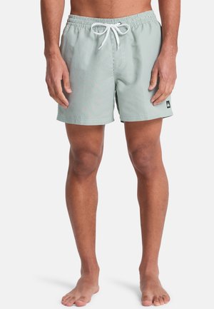 Mann trägt hellgrüne und weiße gestreifte Badeshorts mit Kordelzug, steht barfuß vor einem schlichten Hintergrund.