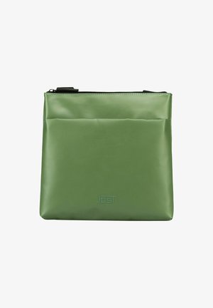 Pochette zippée rectangulaire verte avec une texture lisse et le logo "JOST" en relief centré près du bas.