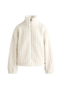 Fleece bunda v off-white barvě s vysokým límcem, zipovým zapínáním a vyvýšenou kroucenou texturou. Obsahuje kleslé ramena a pružné manžety.