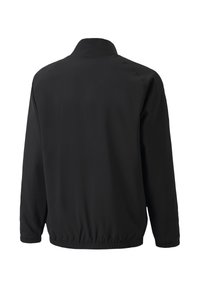 Zwarte lichtgewicht jas met een rechtopstaande kraag, elastische manchetten en zoom. Gladde textuur met een eenvoudig, minimalistisch ontwerp.