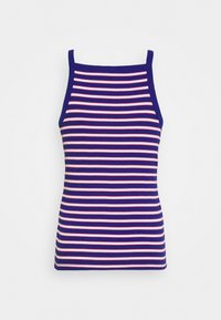 Striped tank top featuring a square neckline. Made of ribbed fabric in navy blue with pink and white horizontal stripes.