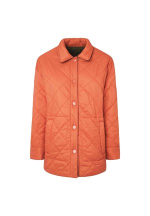 Quilted orange jacket featuring a collar, pink buttons, and two front pockets. The design includes a diamond pattern and long sleeves.