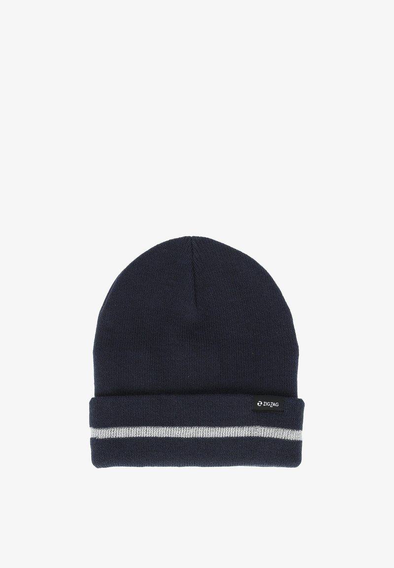 Marine gebreide beanie met een omgeslagen rand, met een grijze horizontale streep en een klein zwart label met de merknaam "ZIGZAG."