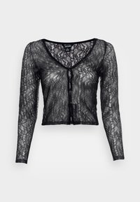 Cardigan in pizzo nero con maniche lunghe, scollatura a V, chiusura con bottoni e intricati motivi floreali su tutto il tessuto.