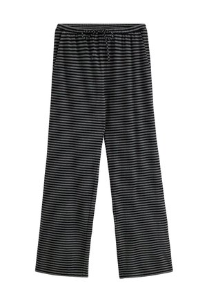 Sorte og hvide, bredbenede bukser med snøre i taljen. Blødt stof med en glat tekstur, velegnet til afslappet brug.