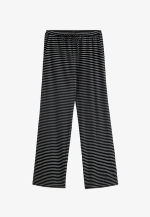 Sorte og hvide, bredbenede bukser med snøre i taljen. Blødt stof med en glat tekstur, velegnet til afslappet brug.