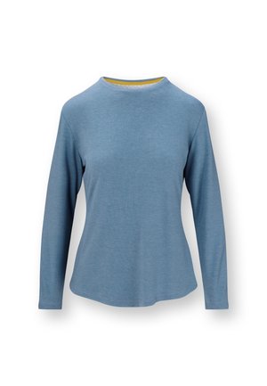 Blue long-sleeve shirt with a crew neckline, made of soft fabric, featuring a curved hem and contrasting yellow interior neck detail.