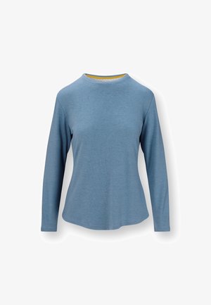Blue long-sleeve shirt with a crew neckline, made of soft fabric, featuring a curved hem and contrasting yellow interior neck detail.