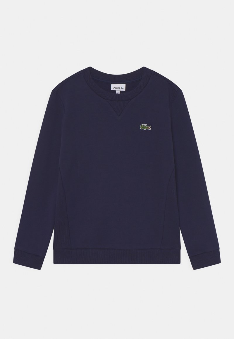 Felpa blu navy in cotone, con scollatura a V, maniche lunghe, polsini a costine e un logo a forma di coccodrillo ricamato in verde sul petto.