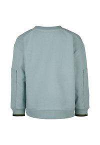 Hellblaues Sweatshirt mit lockerer Passform, geripptem Kragen und Bündchen, das dunkelgrüne und marineblaue Akzente aufweist. Glatte Textur mit schlichter Gestaltung.