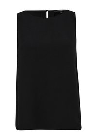 Blouse noire sans manches avec col rond et petite fermeture bouton au dos, présentée sur fond blanc.