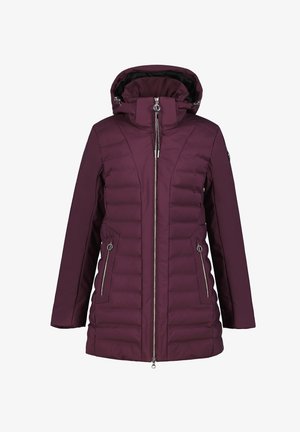Bordeaux gewatteerde jas met een hoge kraag, rits aan de voorkant en twee ritszakken; voorzien van een gemêleerd ontwerp en een verstelbare capuchon.