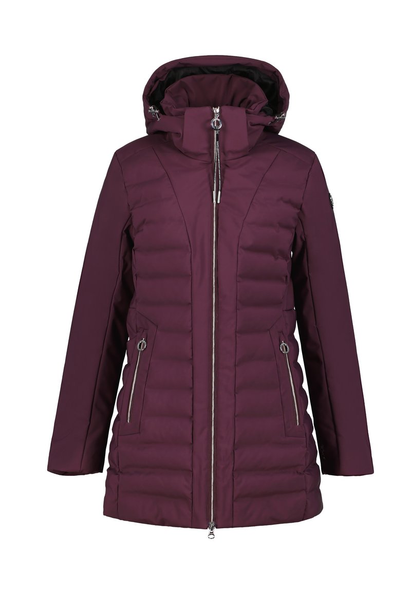 Chaqueta acolchada burdeos con alto cuello, cierre delantero con cremallera y dos bolsillos con cremallera; presenta un diseño texturizado y capucha ajustable.