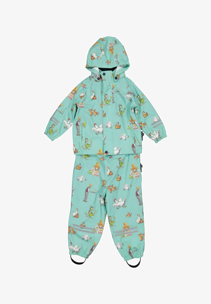 Set impermeabile per bambini color azzurro chiaro composto da giacca e pantaloni con illustrazioni di animali da fattoria e contadini, polsini elasticizzati, cappuccio e cinturini per i piedi.