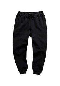 Svarta sweatpants, tillverkade av mjukt tyg, har en elastisk midja med dragsko, sidofickor och smala avslut vid anklarna.