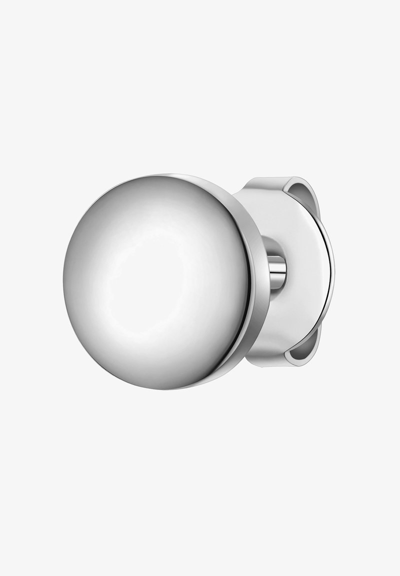 Suapvalus nerūdijančio plieno durų rankena su blizgiu paviršiumi, pritvirtinta prie apvalios pagrindo plokštės, pasižyminti lygiu tekstūru ir be matomų raštų.