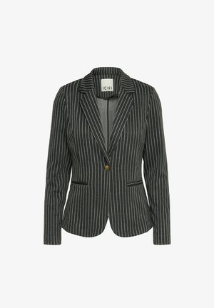 Blazer à rayures noires et blanches avec un col cranté, fermeture à un bouton, poches à rabat et coupe ajustée. Texture de tissu douce.