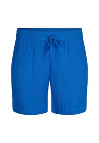 Pantaloni corti blu, fino al ginocchio, realizzati in tessuto leggero e testurizzato, con vita elastica e cordoncino per una vestibilità regolabile.