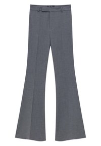 Grijze flared broek van textuurstof met een gladde afwerking. Voorzien van een platte tailleband en voornaad; geen zichtbare zakken of versieringen.