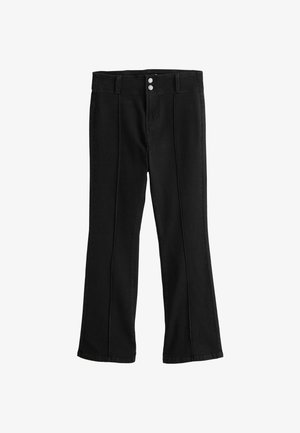 Black flared pants with front seams, two silver buttons, belt loops, and a mid-rise waist on a white background.