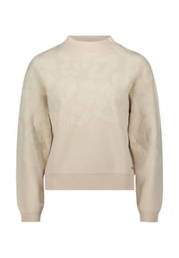 Beiger Pullover mit subtilen strukturierten Blumendesigns, Rundhalsausschnitt und gerippten Bündchen. Das Material ist weiches Strick und hat einen lässigen Schnitt.