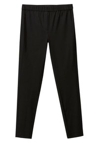 Zwarte slim-fit broek met elastische tailleband, rechte pijpen en geen zichtbare zakken of versieringen.