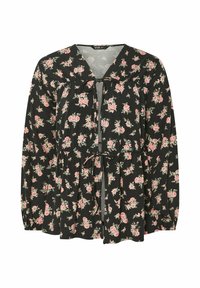 Blusa nera a fiori con dettaglio a cravatta al collo, maniche lunghe e motivi di rose rosa su tutta la superficie. Tessuto morbido e leggero.