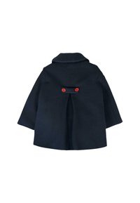Cappotto di lana navy con ampio colletto, spacco posteriore e bottoni rossi. Il design presenta una vestibilità larga e una texture liscia.