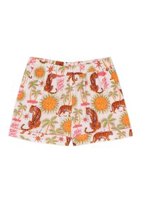 White shorts with an elastic waistband featuring orange tigers, yellow suns with faces, green palm trees, and red text patterns.