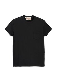 Black cotton t-shirt with a crew neck, short sleeves, and a left chest pocket. Smooth texture and minimalist design.