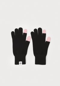 Sorte strikkede handsker med pink detaljer på fingerspidserne, der har en tætsiddende manchet og et lille logo-tag nær håndleddet.