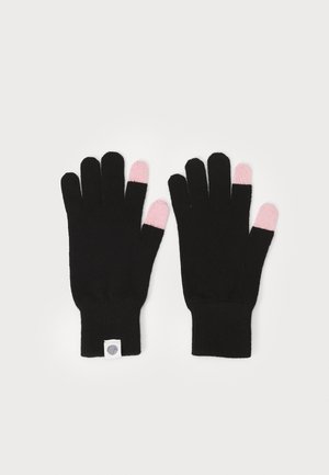 Gants en tricot noirs avec des accents roses sur les bouts des doigts, dotés d'un poignet ajusté et d'une petite étiquette de logo près du poignet.