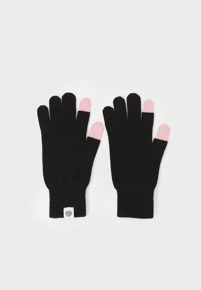 Sorte strikkede handsker med pink detaljer på fingerspidserne, der har en tætsiddende manchet og et lille logo-tag nær håndleddet.