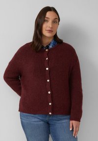 Burgunderrot gestrickte Strickjacke mit Rundhalsausschnitt, langen Ärmeln und Fünf-Knopf-Verschluss. Weicher Stoff mit gerippten Bündchen und Saum.