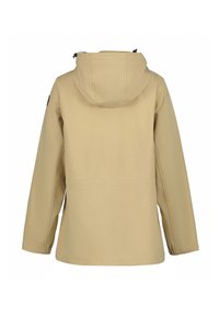 Beige waterdichte jas met een capuchon, elastische manchetten en een rechte snit. Bevat gestikte naden en een logo-opdruk op de linker mouw.