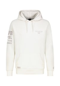 Weißer Hoodie aus weichem Stoff, mit einer Fronttasche, Kapuze mit Kordelzug und Branding in Hellgrau auf der Brust und dem Ärmel gedruckt.