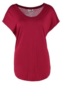 Rød kortærmet dameshirt med rund halsudskæring og buet kant, lavet af glat stof, størrelse lille fra mærket GAP.