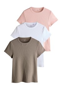 Drei T-Shirts mit kurzen Ärmeln gestapelt: eines in Hellrosa, eines in Weiß und eines in Olivgrün. Jedes hat eine gerippte Textur und einen Rundhalsausschnitt.